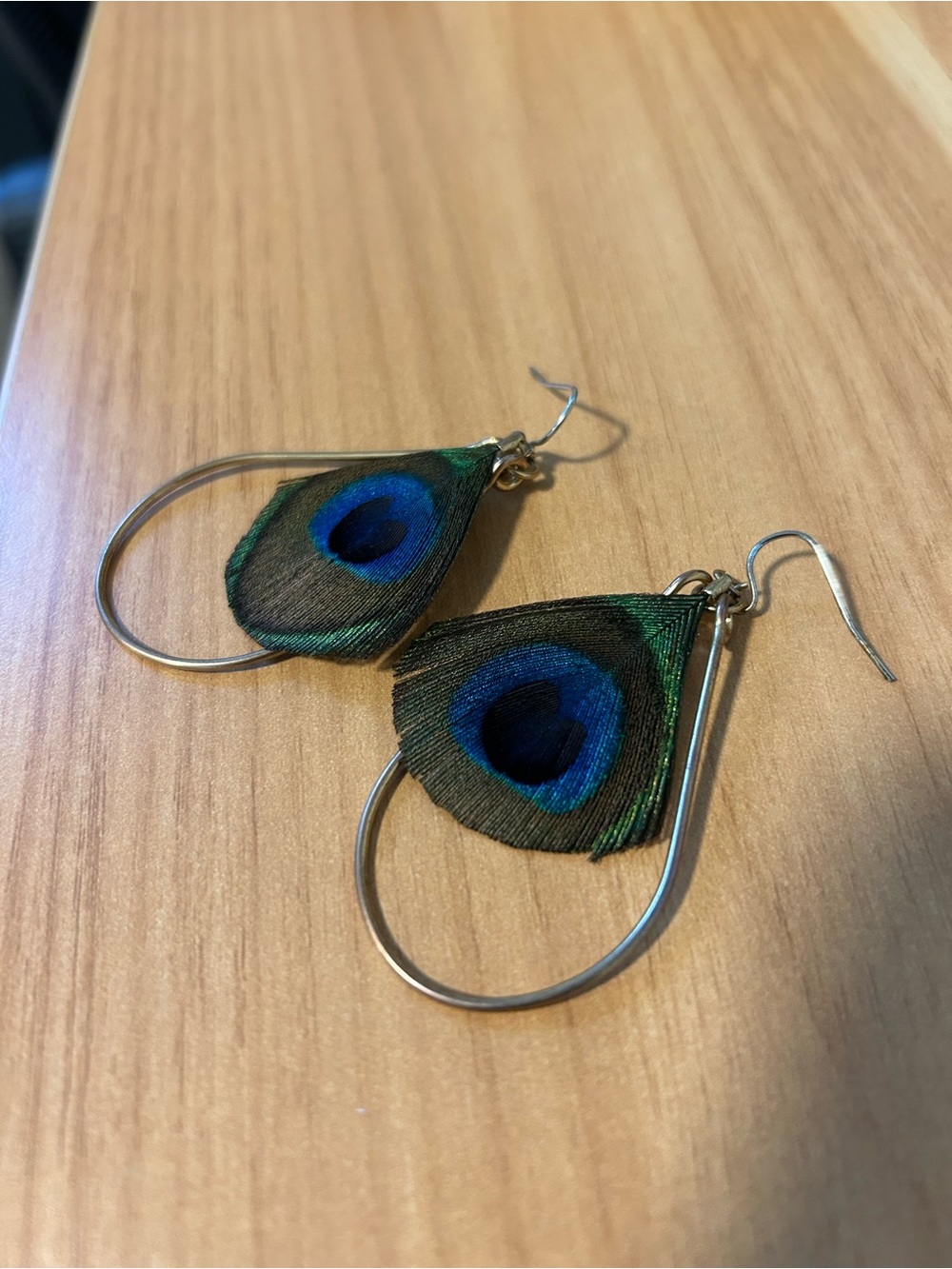 Peacock Feather Drop Earrings - Green & Blue